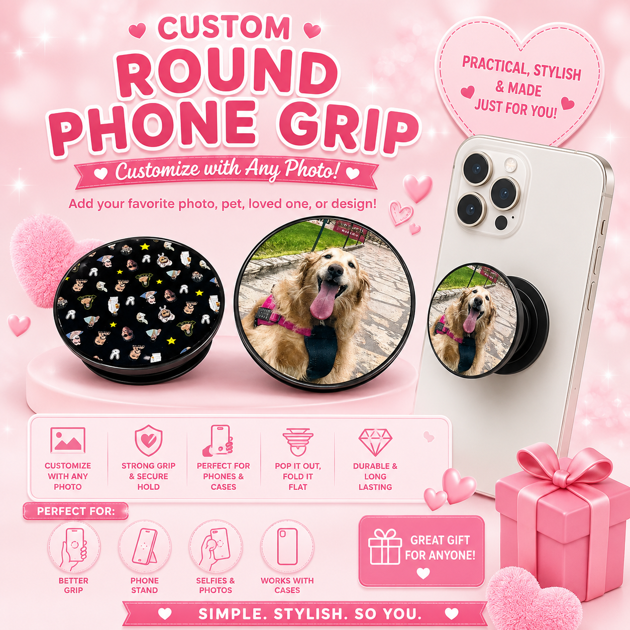 Custom round Photo phone grip